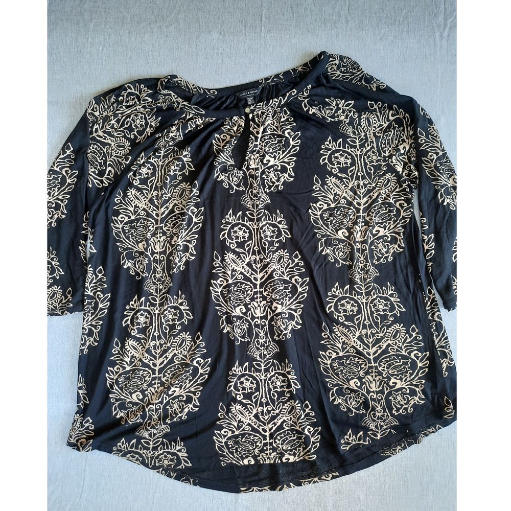 Lucky Brand Women 2X Plus Front Keyhole Blouse Floral Vector Art‎ Pure Viscose